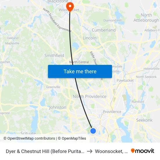 Dyer & Chestnut Hill (Before Puritan) to Woonsocket, RI map