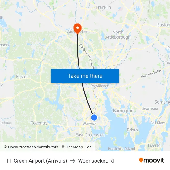 TF Green Airport (Arrivals) to Woonsocket, RI map