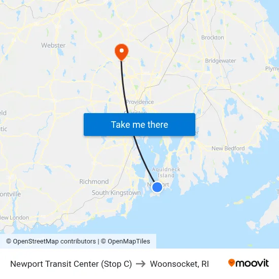 Newport Transit Center (Stop C) to Woonsocket, RI map