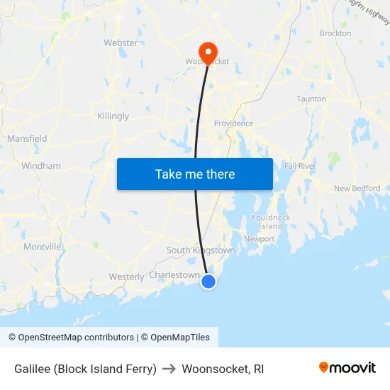 Galilee (Block Island Ferry) to Woonsocket, RI map