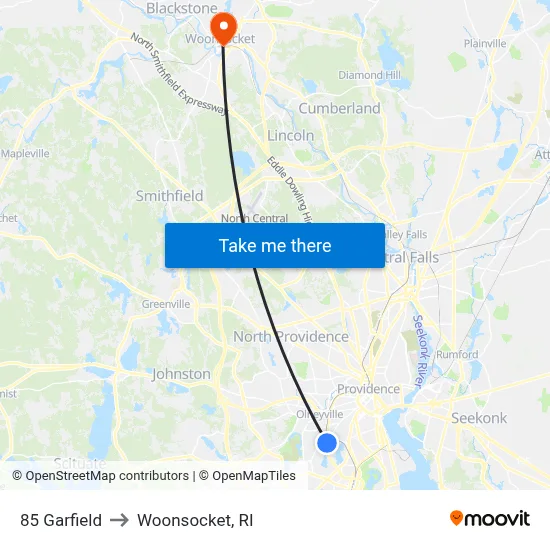 85 Garfield to Woonsocket, RI map