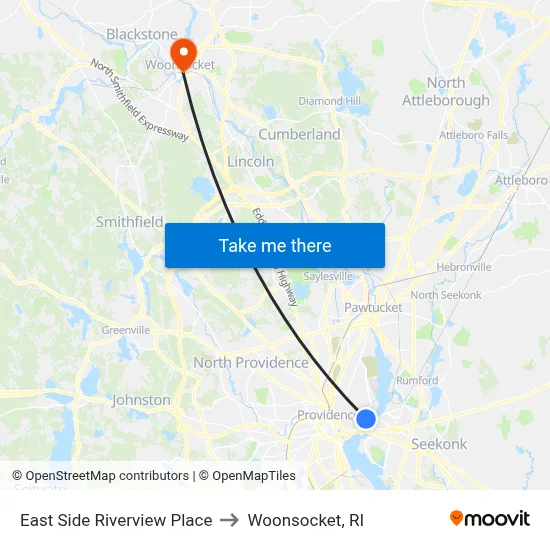 East Side Riverview Place to Woonsocket, RI map