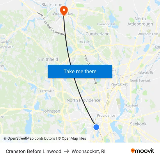 Cranston Before Linwood to Woonsocket, RI map