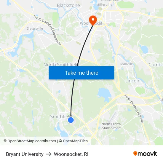 Bryant University to Woonsocket, RI map