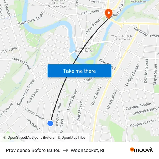 Providence Before Ballou to Woonsocket, RI map