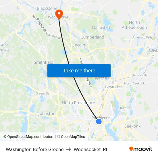 Washington Before Greene to Woonsocket, RI map