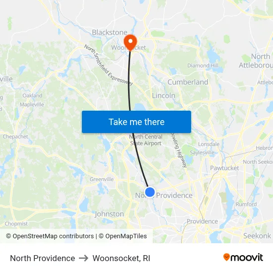 North Providence to Woonsocket, RI map