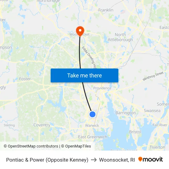 Pontiac & Power (Opposite Kenney) to Woonsocket, RI map