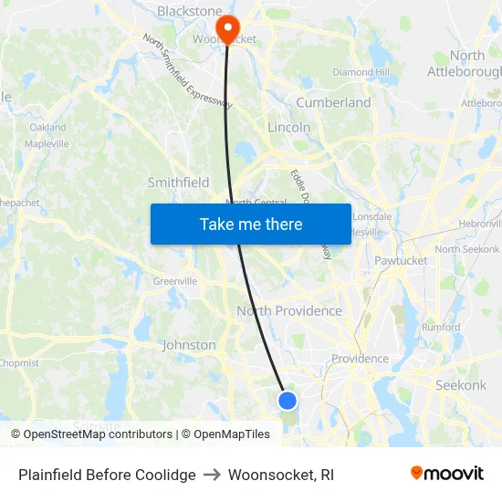 Plainfield Before Coolidge to Woonsocket, RI map