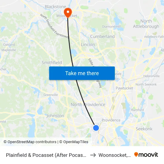 Plainfield & Pocasset (After Pocasset) to Woonsocket, RI map