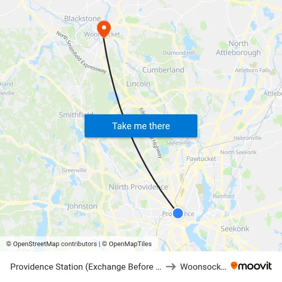 Providence Station (Exchange Before Park Row W) to Woonsocket, RI map