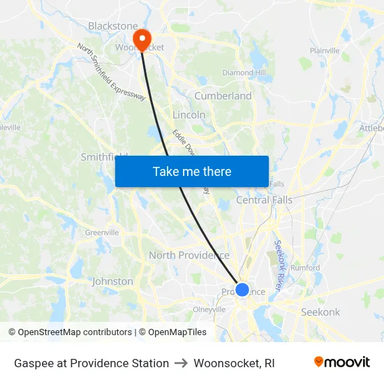 Gaspee at Providence Station to Woonsocket, RI map