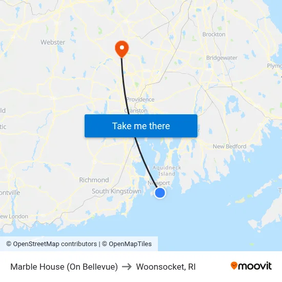 Marble House (On Bellevue) to Woonsocket, RI map