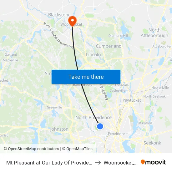 Mt Pleasant at Our Lady Of Providence to Woonsocket, RI map