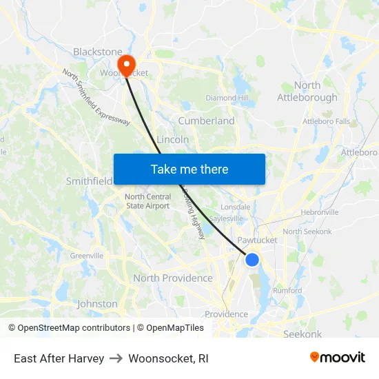 East After Harvey to Woonsocket, RI map