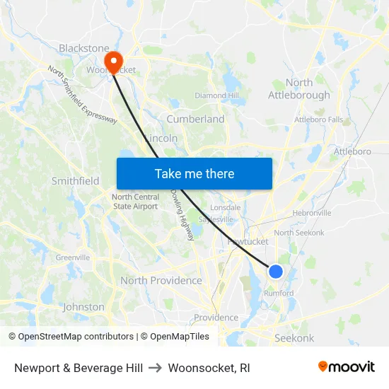 Newport & Beverage Hill to Woonsocket, RI map