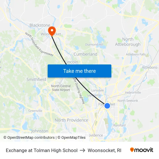 Exchange at Tolman High School to Woonsocket, RI map
