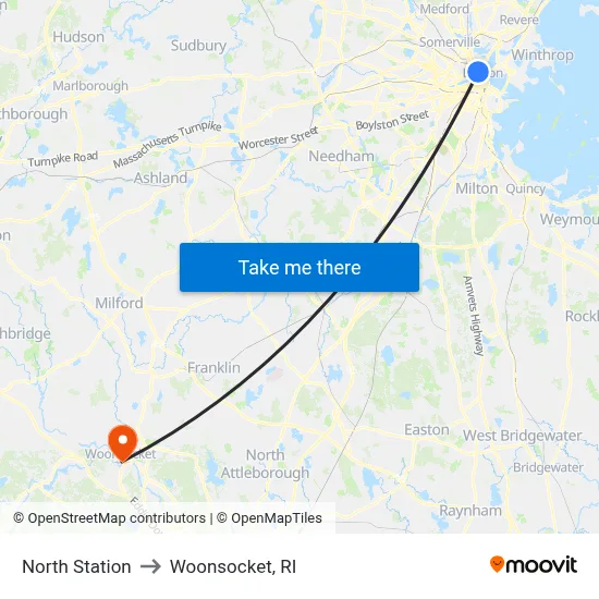 North Station to Woonsocket, RI map