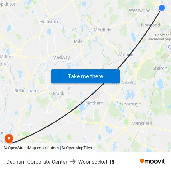 Dedham Corporate Center to Woonsocket, RI map