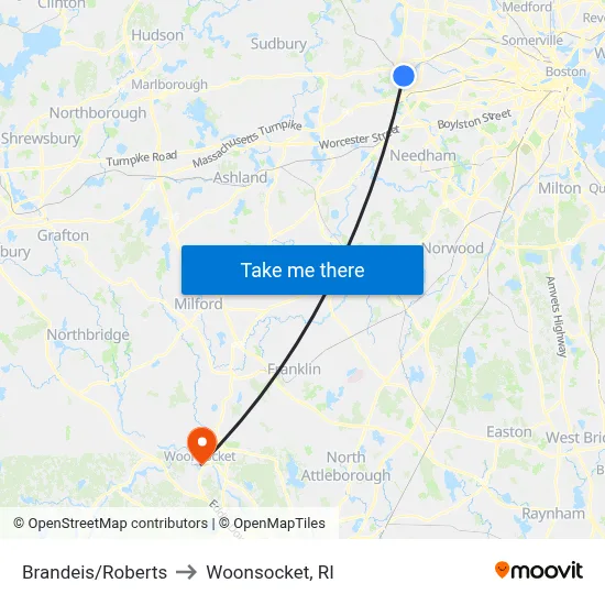 Brandeis/Roberts to Woonsocket, RI map