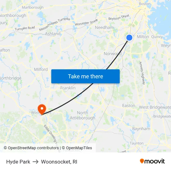 Hyde Park to Woonsocket, RI map