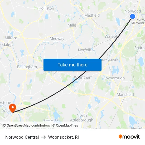 Norwood Central to Woonsocket, RI map