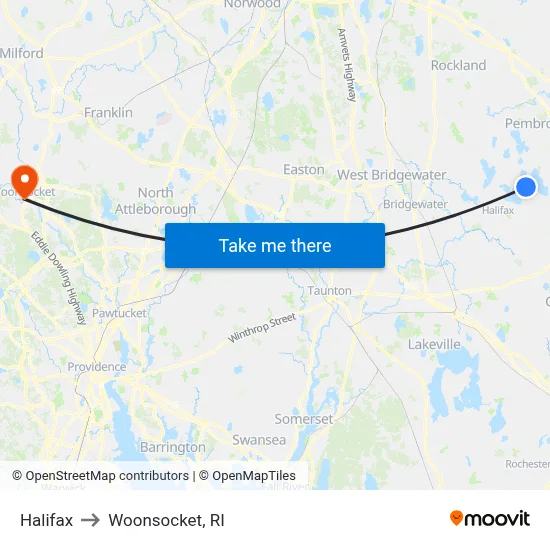 Halifax to Woonsocket, RI map