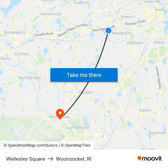 Wellesley Square to Woonsocket, RI map