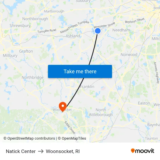 Natick Center to Woonsocket, RI map