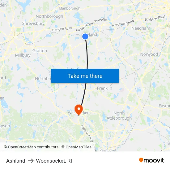 Ashland to Woonsocket, RI map