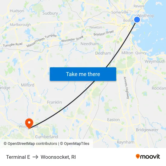 Terminal E to Woonsocket, RI map