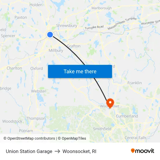 Union Station Garage to Woonsocket, RI map