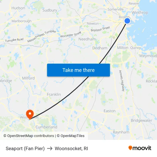 Seaport (Fan Pier) to Woonsocket, RI map