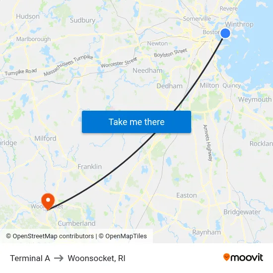 Terminal A to Woonsocket, RI map