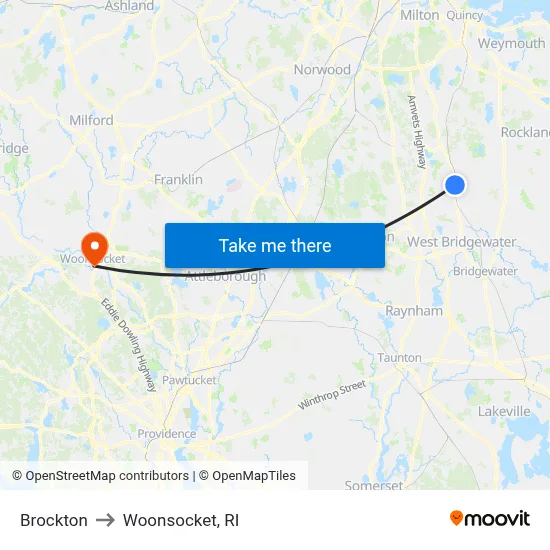 Brockton to Woonsocket, RI map