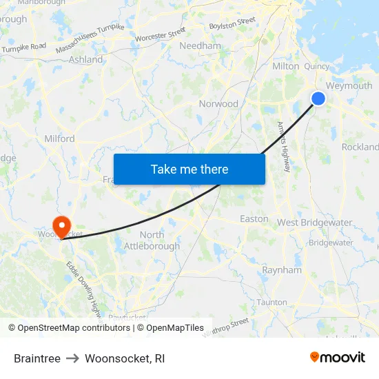Braintree to Woonsocket, RI map