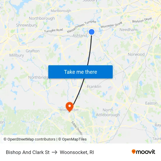 Bishop And Clark St to Woonsocket, RI map