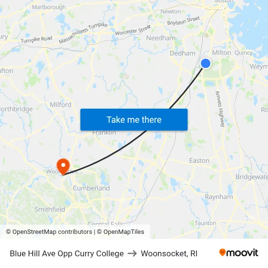 Blue Hill Ave Opp Curry College to Woonsocket, RI map