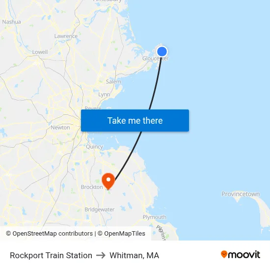 Rockport Train Station to Whitman, MA map