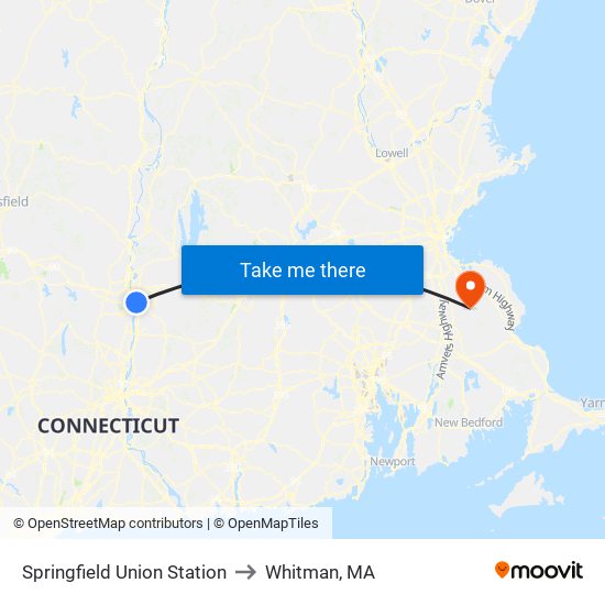 Springfield Union Station to Whitman, MA map