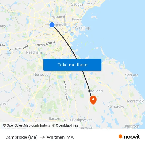 Cambridge (Ma) to Whitman, MA map