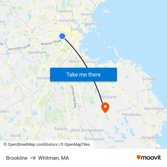 Brookline to Whitman, MA map