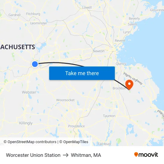Worcester Union Station to Whitman, MA map