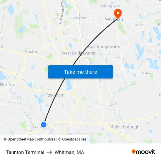 Taunton Terminal to Whitman, MA map