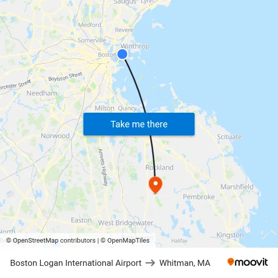 Boston Logan International Airport to Whitman, MA map