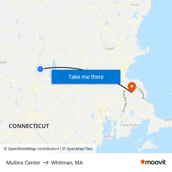 Mullins Center to Whitman, MA map