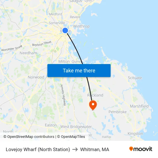 Lovejoy Wharf (North Station) to Whitman, MA map