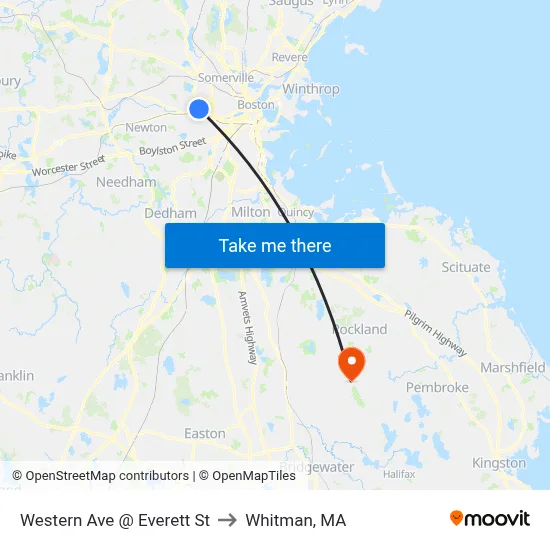 Western Ave @ Everett St to Whitman, MA map