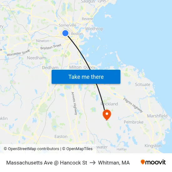 Massachusetts Ave @ Hancock St to Whitman, MA map