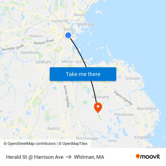 Herald St @ Harrison Ave to Whitman, MA map